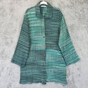 Yasuko Kurisaka Jacket Womens Green Textured Woven Button Up Pockets Art Style